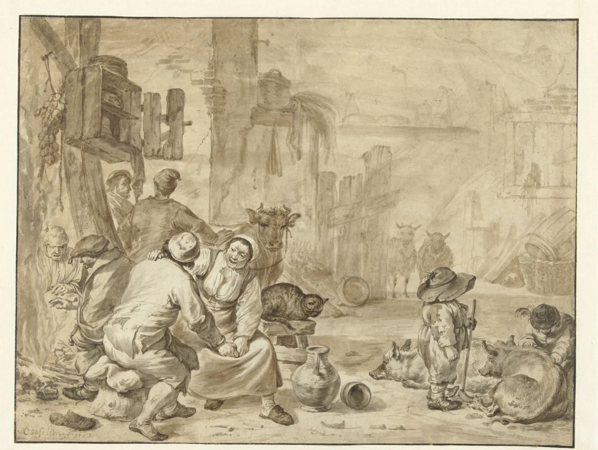 Stable Interior with Eight Figures by Cornelis Saftleven, drawing, 1651
