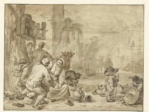 Stable Interior with Eight Figures by Cornelis Saftleven, drawing, 1651