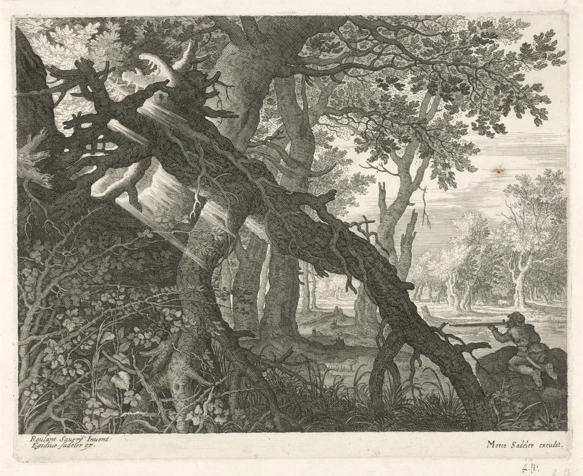 Konijnenjacht in een boslandschap by Aegidius Sadeler, print, 1597-1629