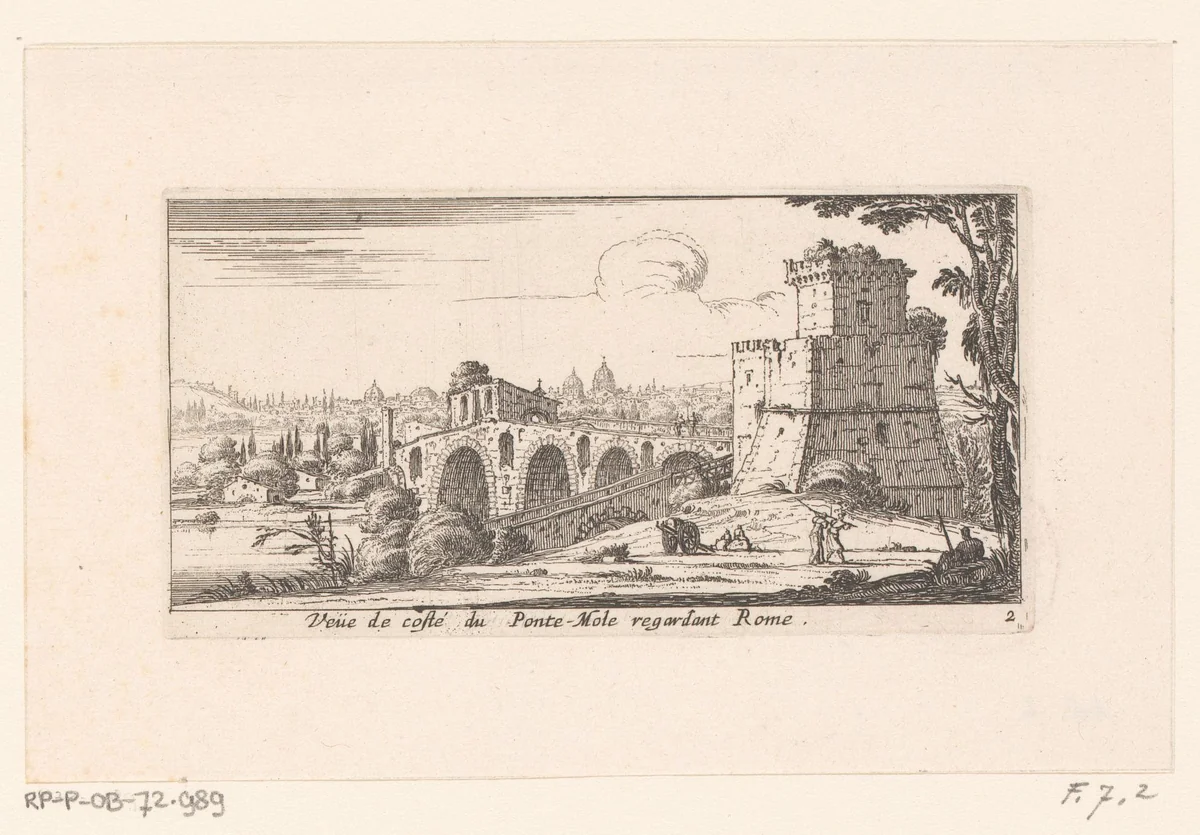 Gezicht op Rome met de Milvische brug by Israël Silvestre, print, 1636-1661