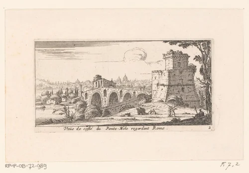 Gezicht op Rome met de Milvische brug by Israël Silvestre, print, 1636-1661