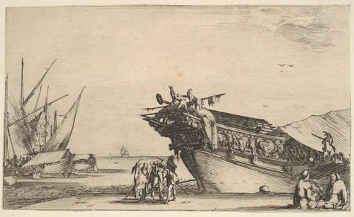Two men sitting to right, one man is smoking, five men standing in center, the bow of a ship on shore to right, two other ships to left in the background, from "Set of eight nautical landscapes" (Suite de huit Marines) by Stefano della Bella, print, 1639