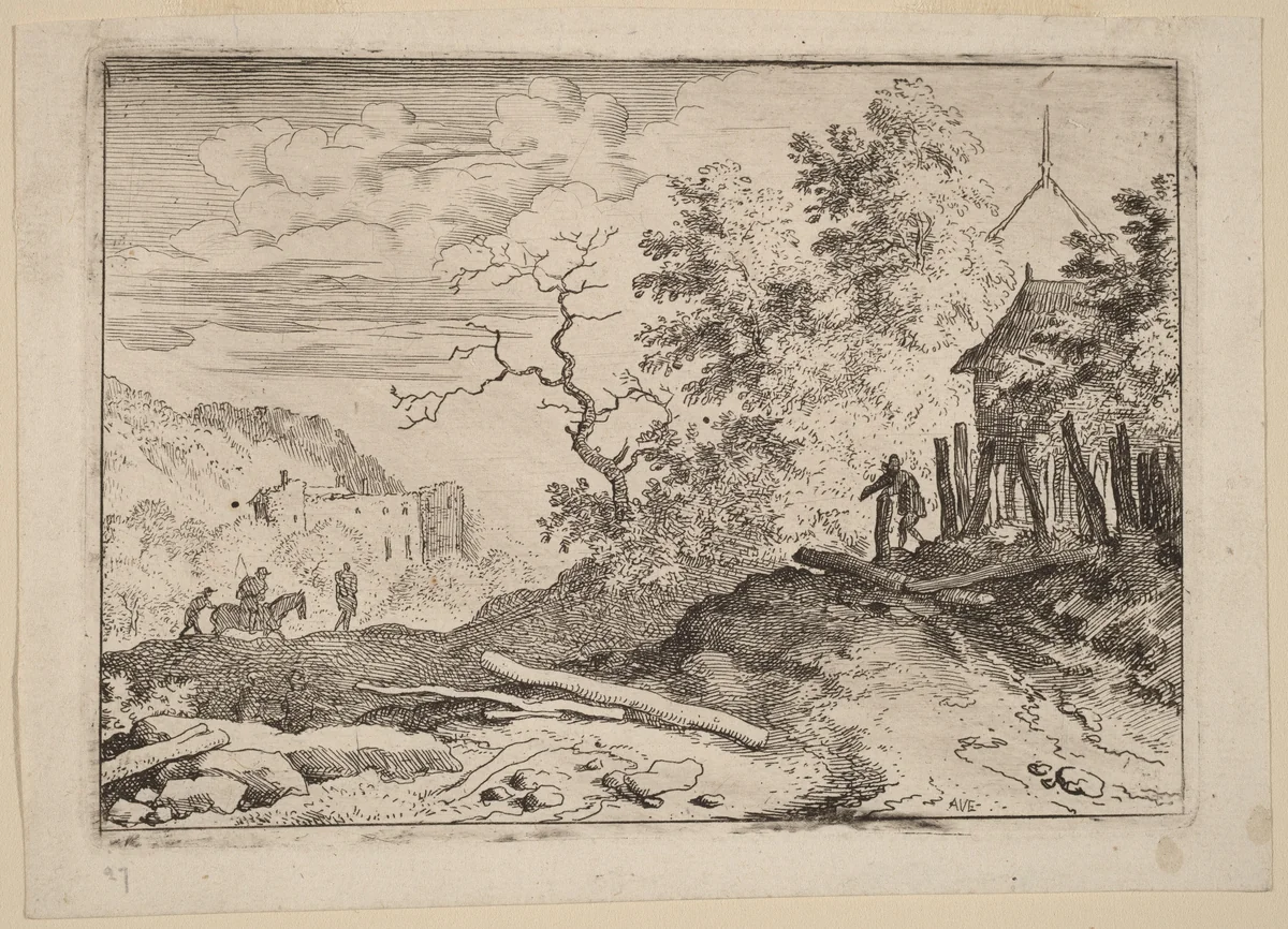 Hut with the Remains of a Hedge by Allart van Everdingen, print, 1645-1656