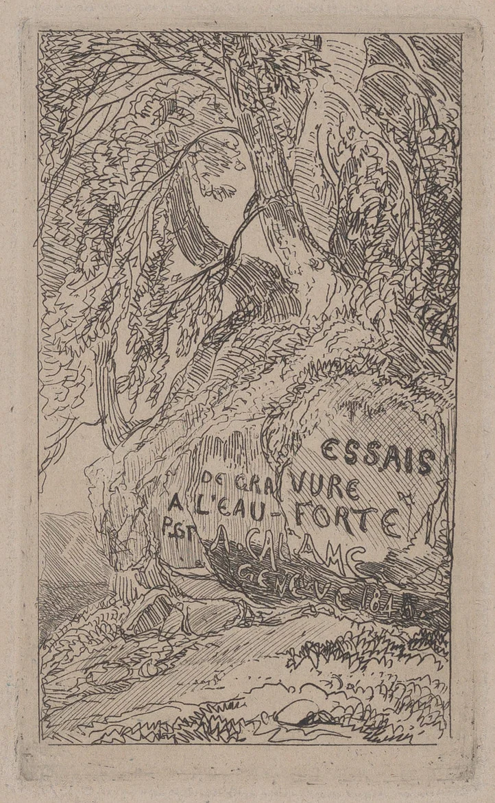 Title page for "Trials at Etching" by Alexandre Calame, print, 1845