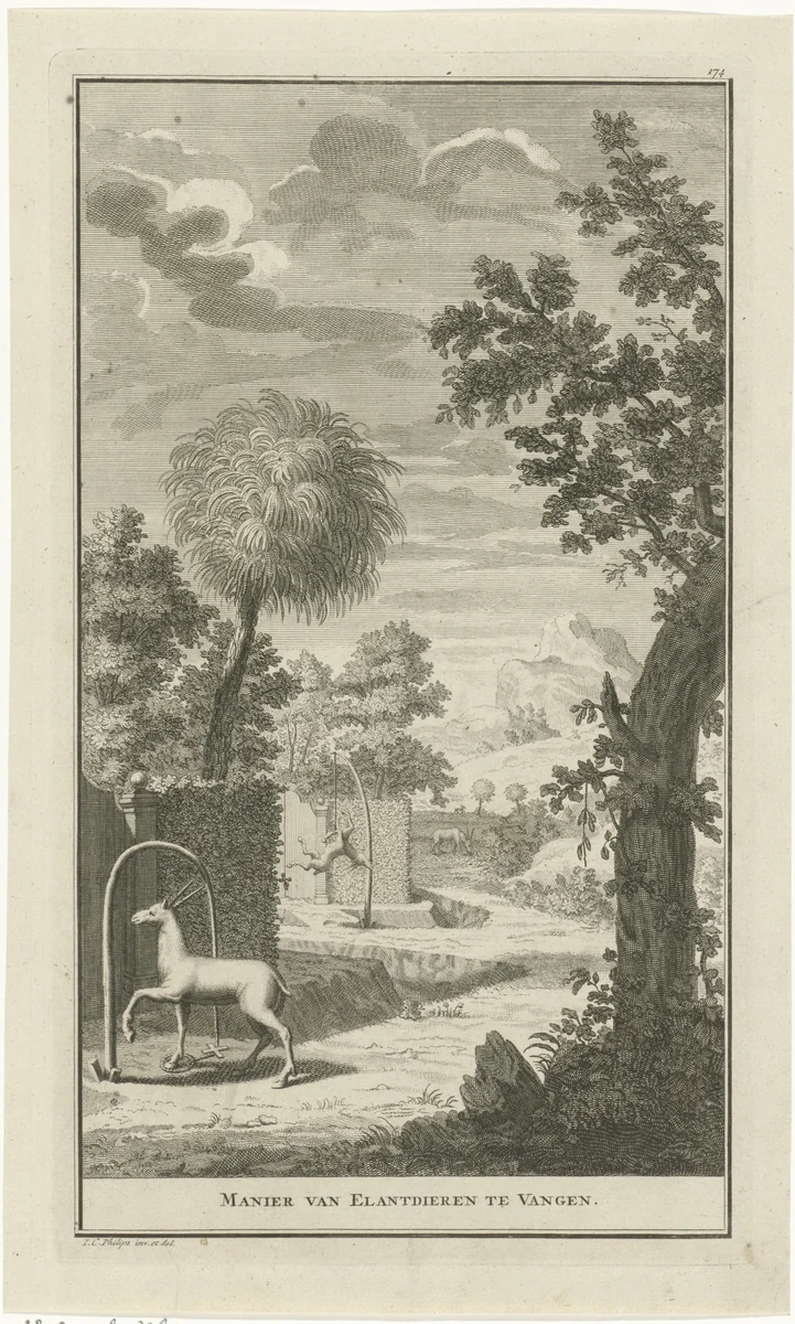 Landschap met Khoikhoi die jagen op elanden by Jan Caspar Philips, print, 1727