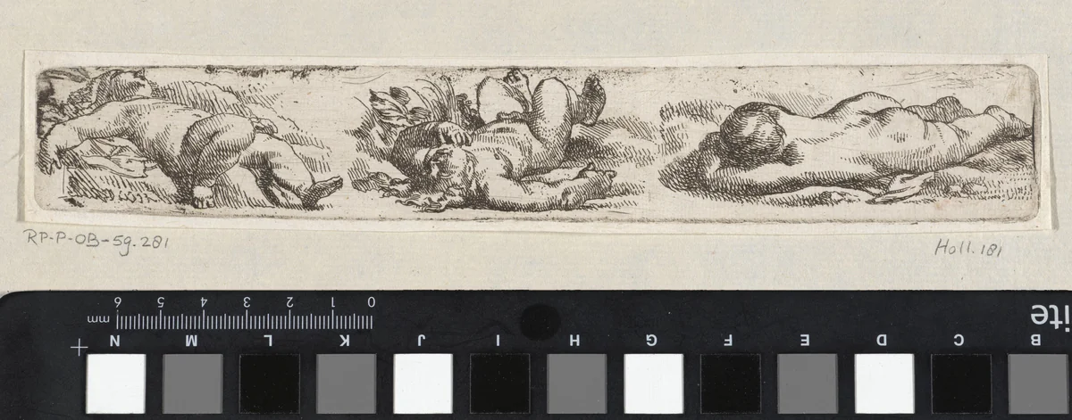 Drie op de grond slapende kinderen by Cornelis Schut, print, 1618-1655