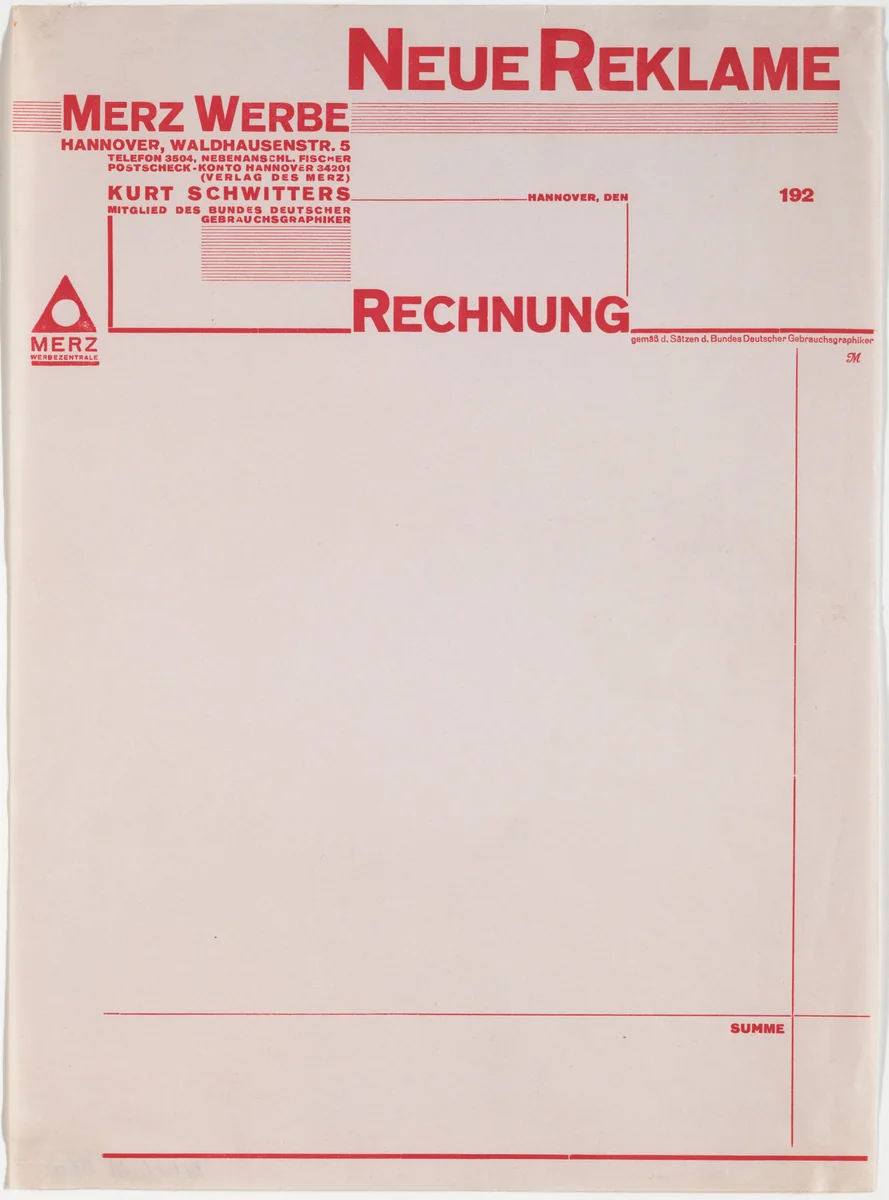 Stationery invoice for Merz Werbe (Merz Publicity) by Kurt Schwitters, design, 1927