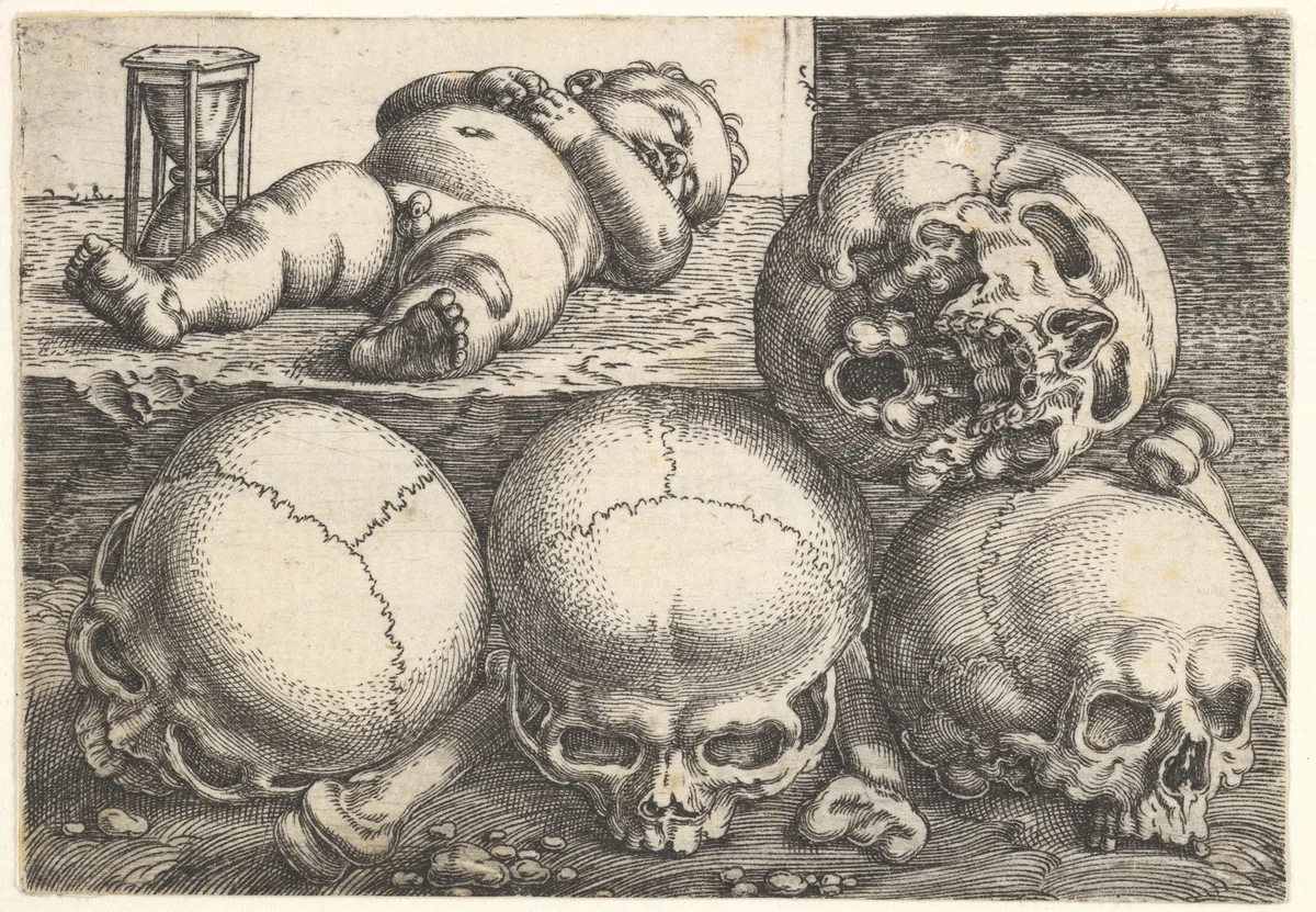 Dead Child with Four Skulls by Barthel Beham, print, 1515-1540