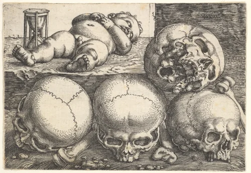 Dead Child with Four Skulls by Barthel Beham, print, 1515-1540