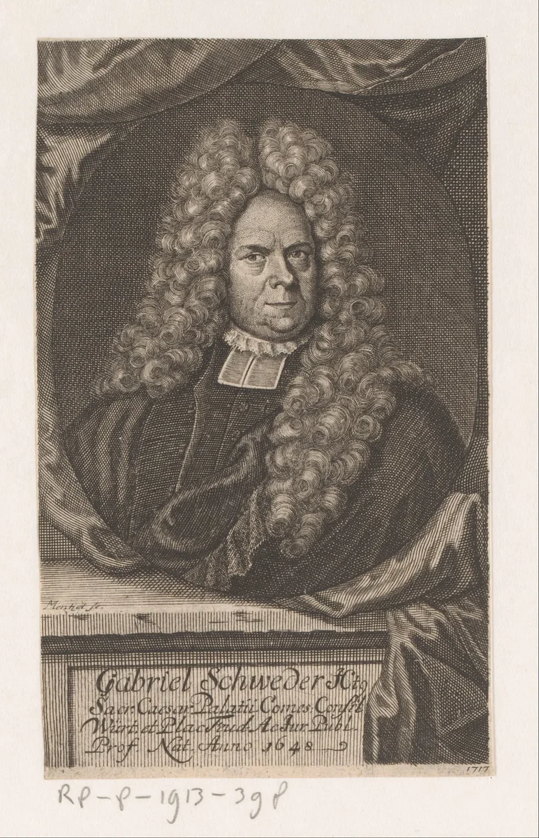 Portret van Gabriel Schweder by Johann Georg Mentzel, print, 1717