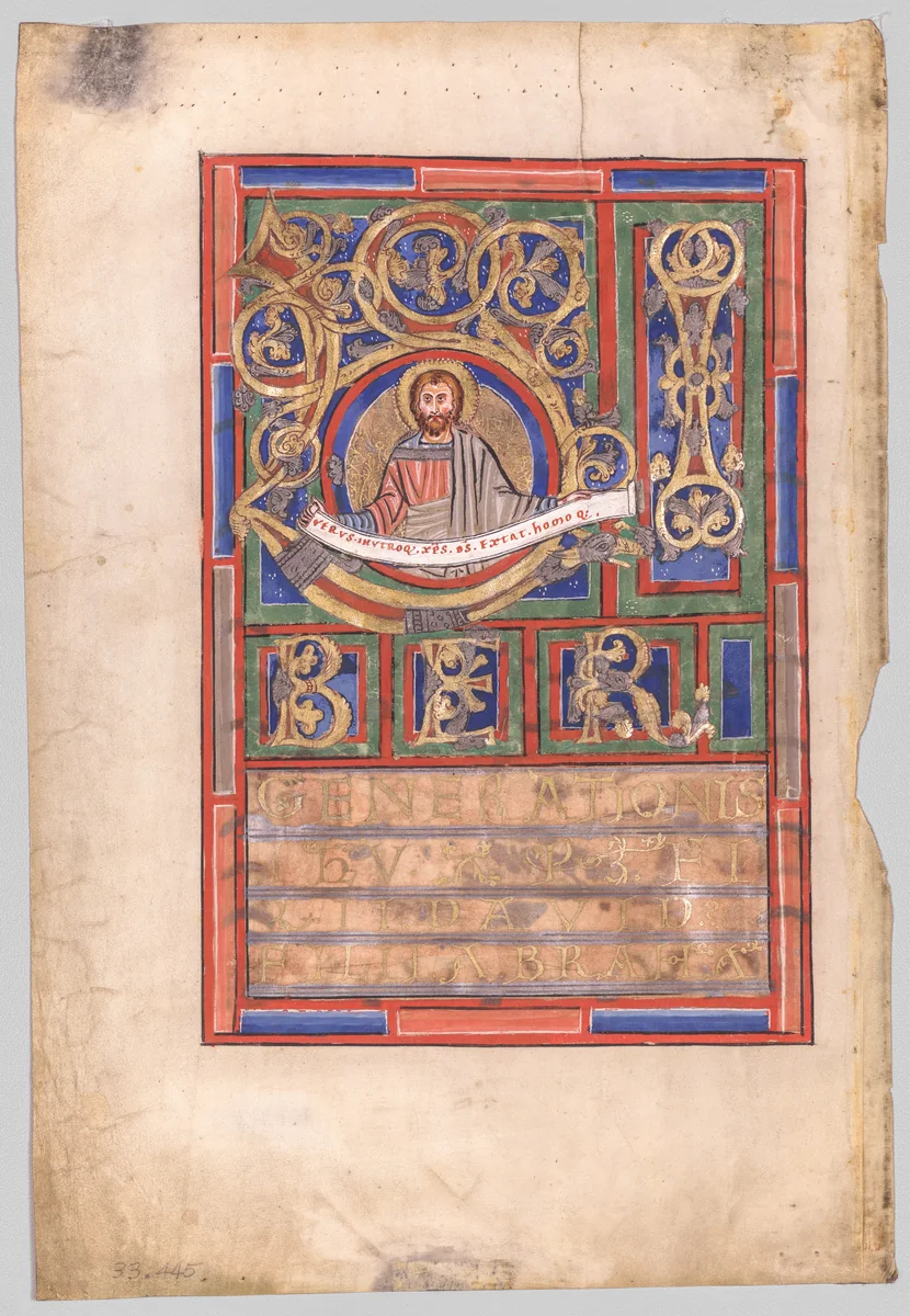 Single Leaf Excised from a Gospel Book with Initial L[iber generationis]: St. Matthew (verso) by Unknown, manuscript, 1185-1195