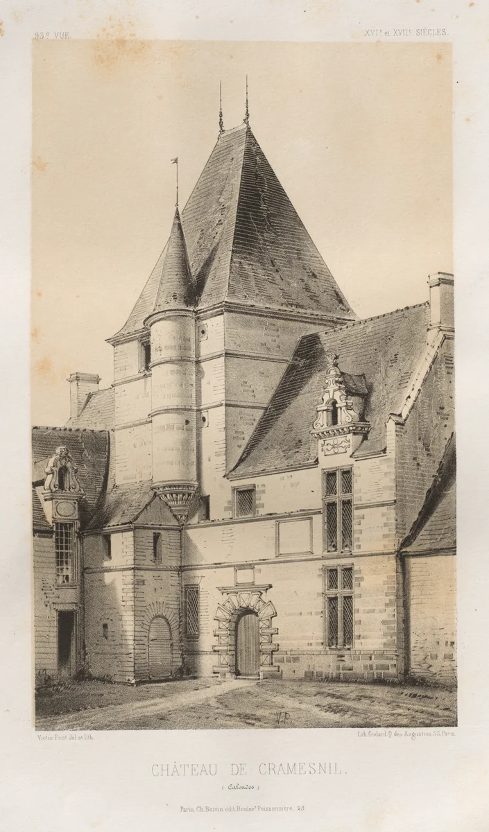 Architecture Pittoresque ou Monuments des XVeme. Et XVIeme. Siecles: Chateaux de France des XV et XVI Siecles: Pl. 93, Château de Cramesnil (Calvados) by Victor Petit, print, 1860