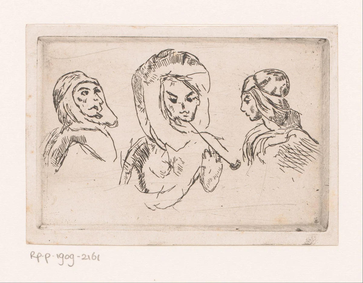 Drie figuren met een hoofddoek by Arthur-Jean Le Bailly d'Inghuem, print, 1875