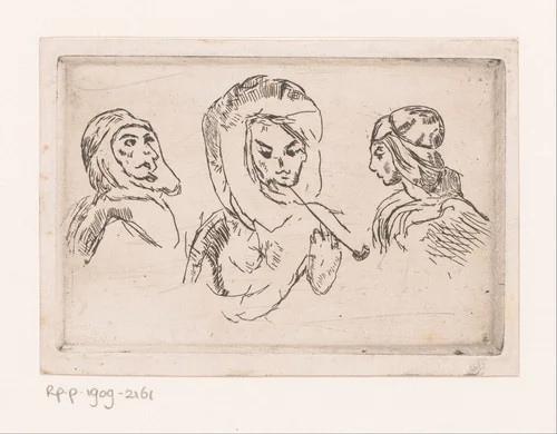 Drie figuren met een hoofddoek by Arthur-Jean Le Bailly d'Inghuem, print, 1875