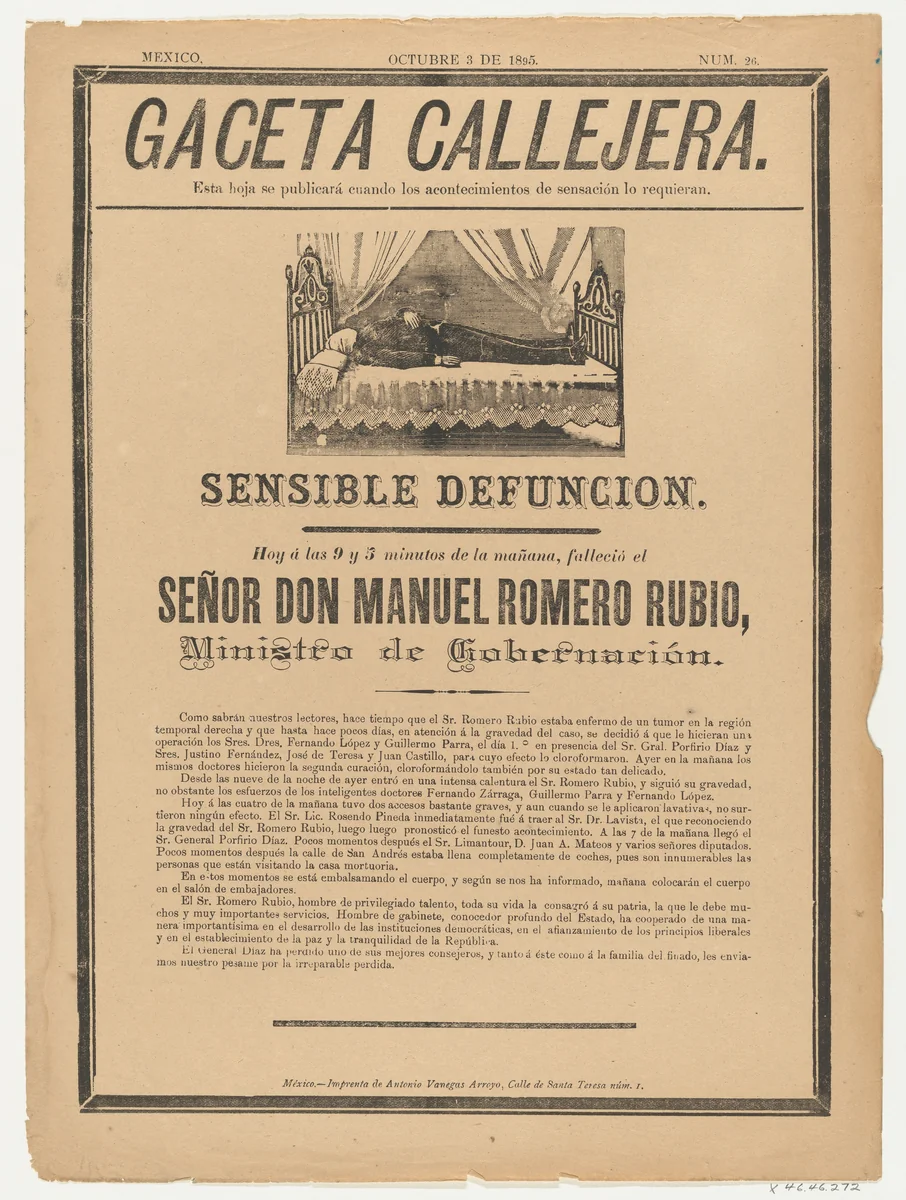 Page from the Gaceta Callajera (October 3 1895) relating to the death of the government minister, Don Manuel Romero Rubio by anonymous, print, 1895
