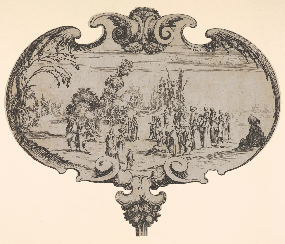 A fan with a musical troupe and spectators by Stefano della Bella, print, 1633-1638