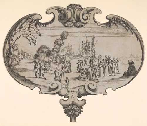 A fan with a musical troupe and spectators by Stefano della Bella, print, 1633-1638