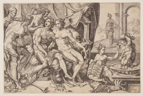 The Prodigal Son Squandering his Inheritance on Harlots by Cornelis Bos, print, 1543