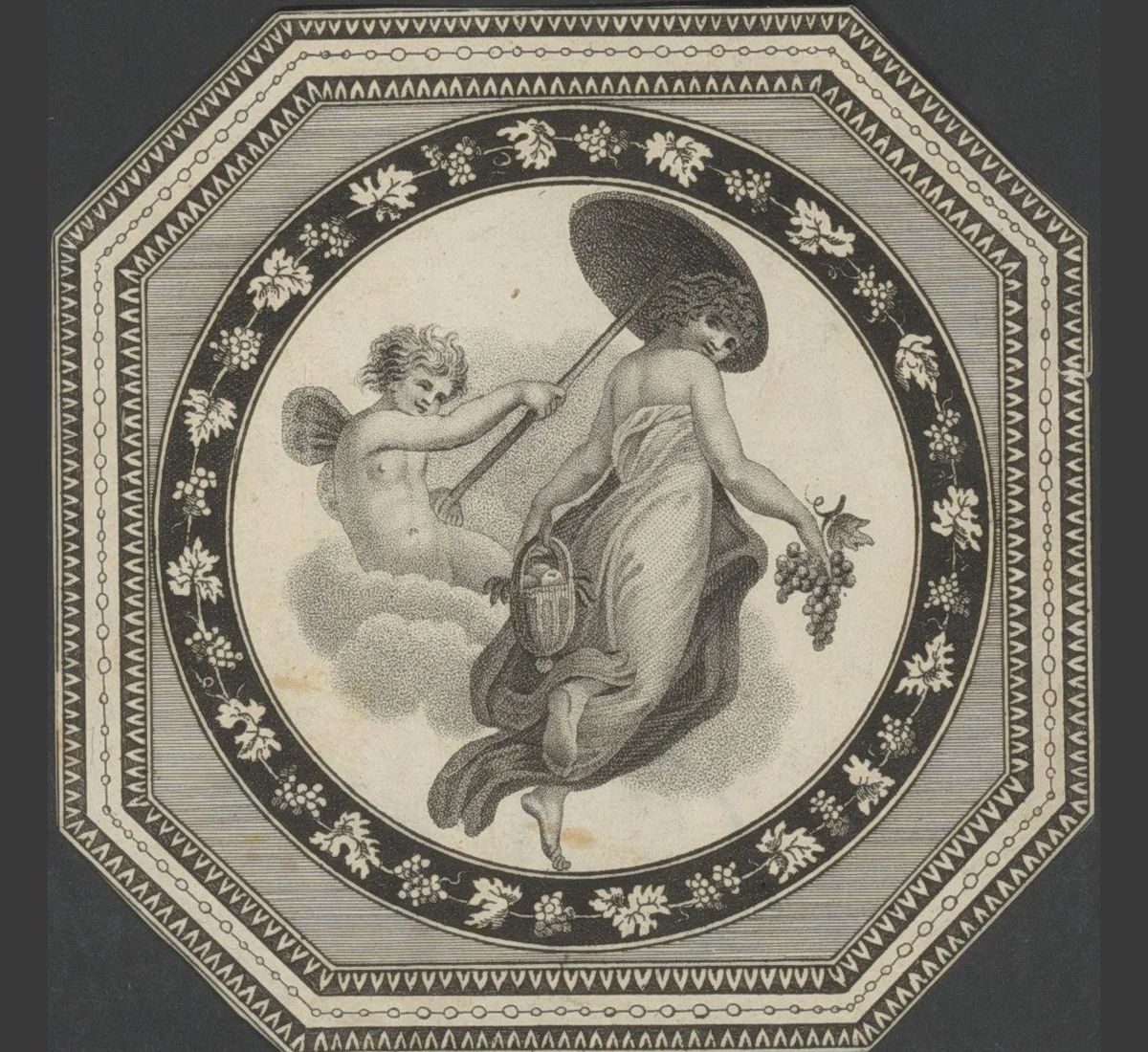 Zwevende vrouw met fruitmand en druiventros met een putto met parasol by anonymous, print, 1800-1849