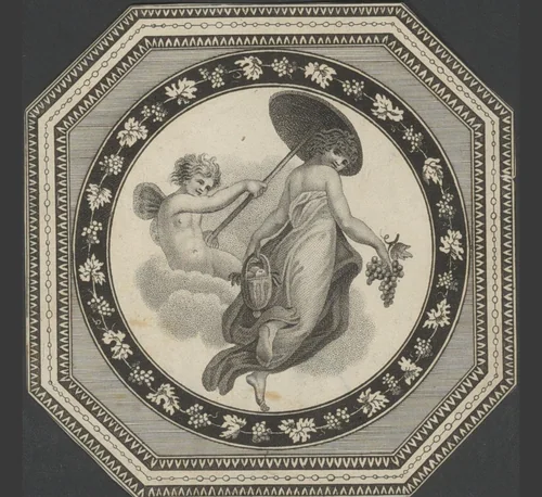 Zwevende vrouw met fruitmand en druiventros met een putto met parasol by anonymous, print, 1800-1849