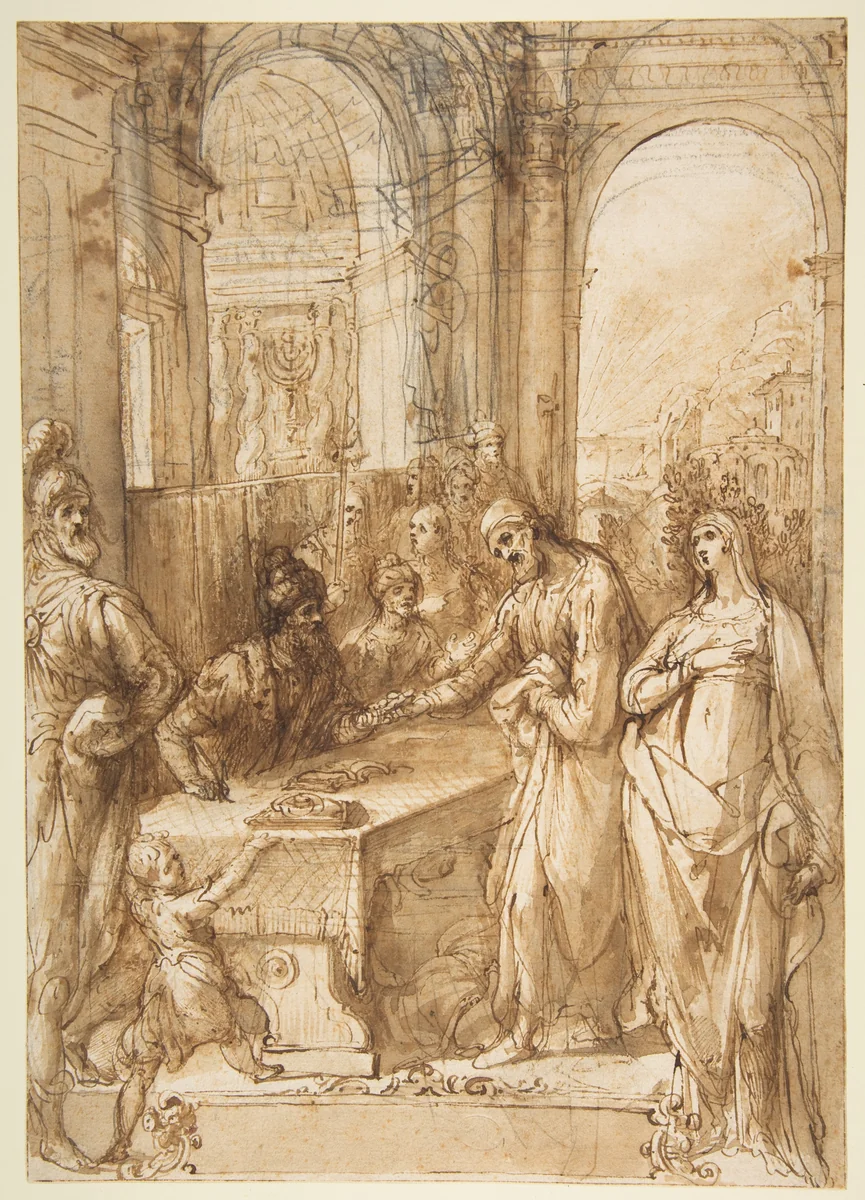 Esther and Mordecai before King Ahasuerus (Esther 8:1- 12) by Giovanni de' Vecchi, drawing, 1536-1615