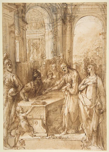 Esther and Mordecai before King Ahasuerus (Esther 8:1- 12) by Giovanni de' Vecchi, drawing, 1536-1615