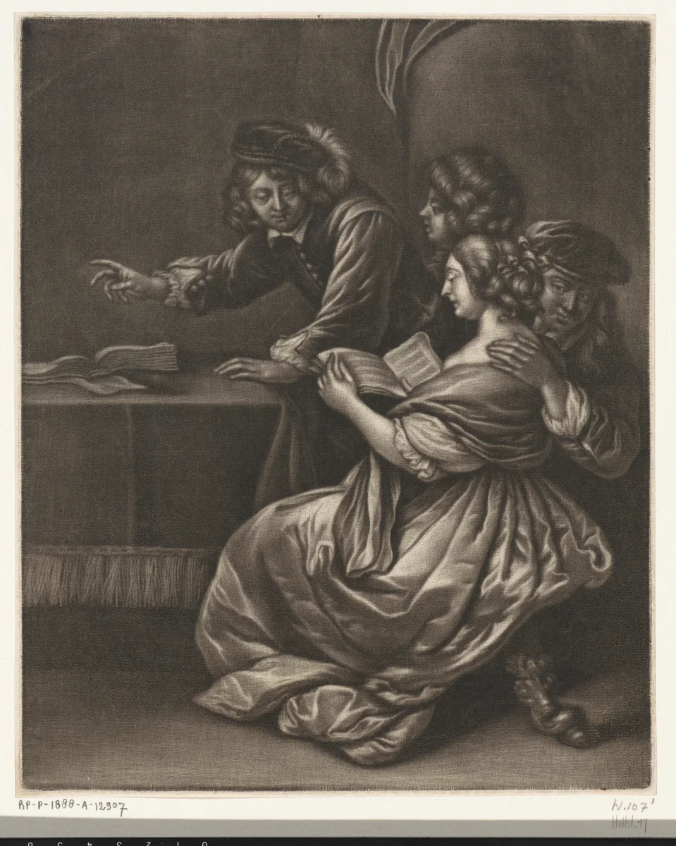 Gezelschap rond een tafel by Jan van Somer, print, 1655-1700
