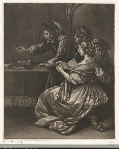Gezelschap rond een tafel by Jan van Somer, print, 1655-1700
