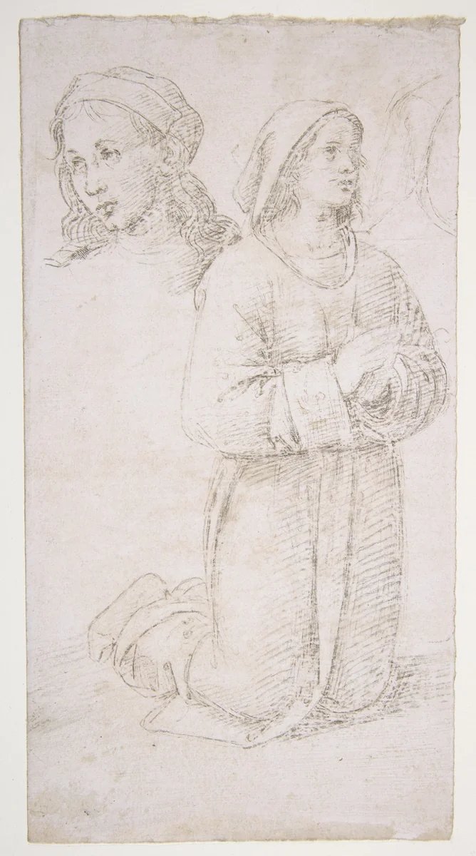 Study of a Kneeling Youth and of the Head of Another by Pietro di Cristoforo Vannucci, drawing, 1500