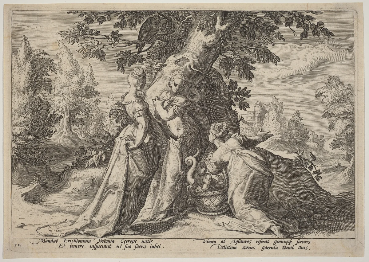 The Daughters of Cecrops Open the Casket Entrusted to Them by Minerva by Hendrick Goltzius, print, 1589