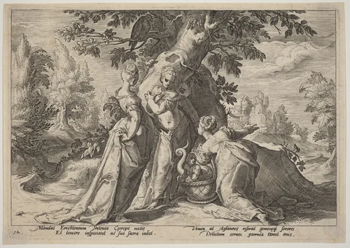 The Daughters of Cecrops Open the Casket Entrusted to Them by Minerva by Hendrick Goltzius, print, 1589