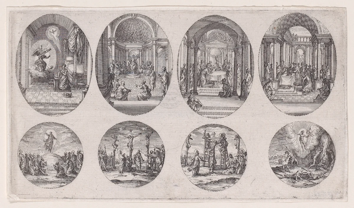 Oval Medallions and Rondels, from "Variae tum Passionis Christi tum vitae beatae Mariae Virginis; Les Mystères de la Passion suite appelée aussi Mystères de la Vie de Jésus et Mystères de la Vie de Jésus et de la Vie de la Ste. Vierge" (The Mysteries of the Passion, also called the Mysteries of the Life of Jesus, and the Mysteries of the Life of Jesus and of the Virgin) by Jacques Callot, print, 1626-1636