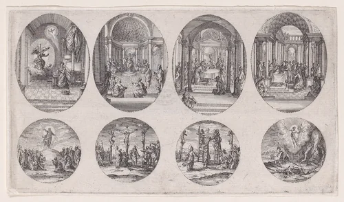 Oval Medallions and Rondels, from "Variae tum Passionis Christi tum vitae beatae Mariae Virginis; Les Mystères de la Passion suite appelée aussi Mystères de la Vie de Jésus et Mystères de la Vie de Jésus et de la Vie de la Ste. Vierge" (The Mysteries of the Passion, also called the Mysteries of the Life of Jesus, and the Mysteries of the Life of Jesus and of the Virgin) by Jacques Callot, print, 1626-1636