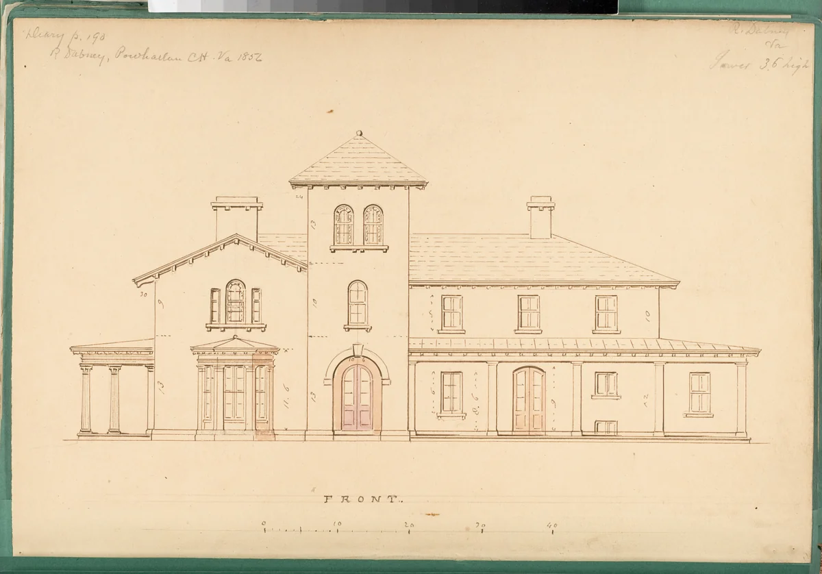 House for R. Dabney, Powhatan, Virginia (front elevation) by Alexander Jackson Davis, drawing, 1856
