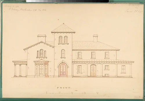House for R. Dabney, Powhatan, Virginia (front elevation) by Alexander Jackson Davis, drawing, 1856