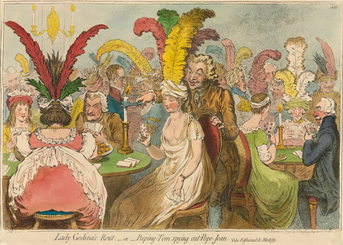 Lady Godina's Rout;-or-Peeping-Tom Spying out Pope-Joan by James Gillray, print, 1796