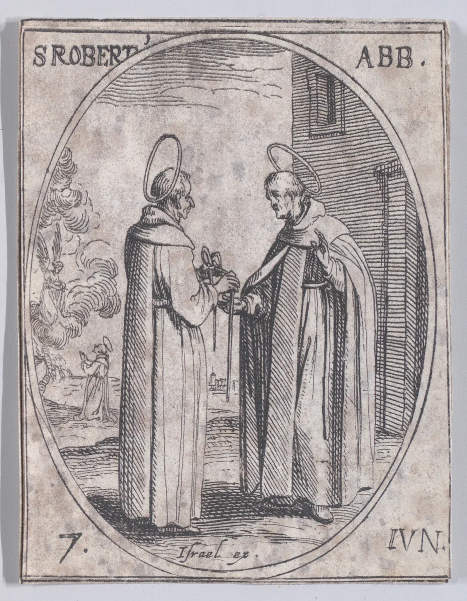St. Robert, abbé (St. Robert, Abbot), June 7th, from "Les Images De Tous Les Saincts et Saintes de L'Année" (Images of All of the Saints and Religious Events of the Year) by Jacques Callot, print, 1636
