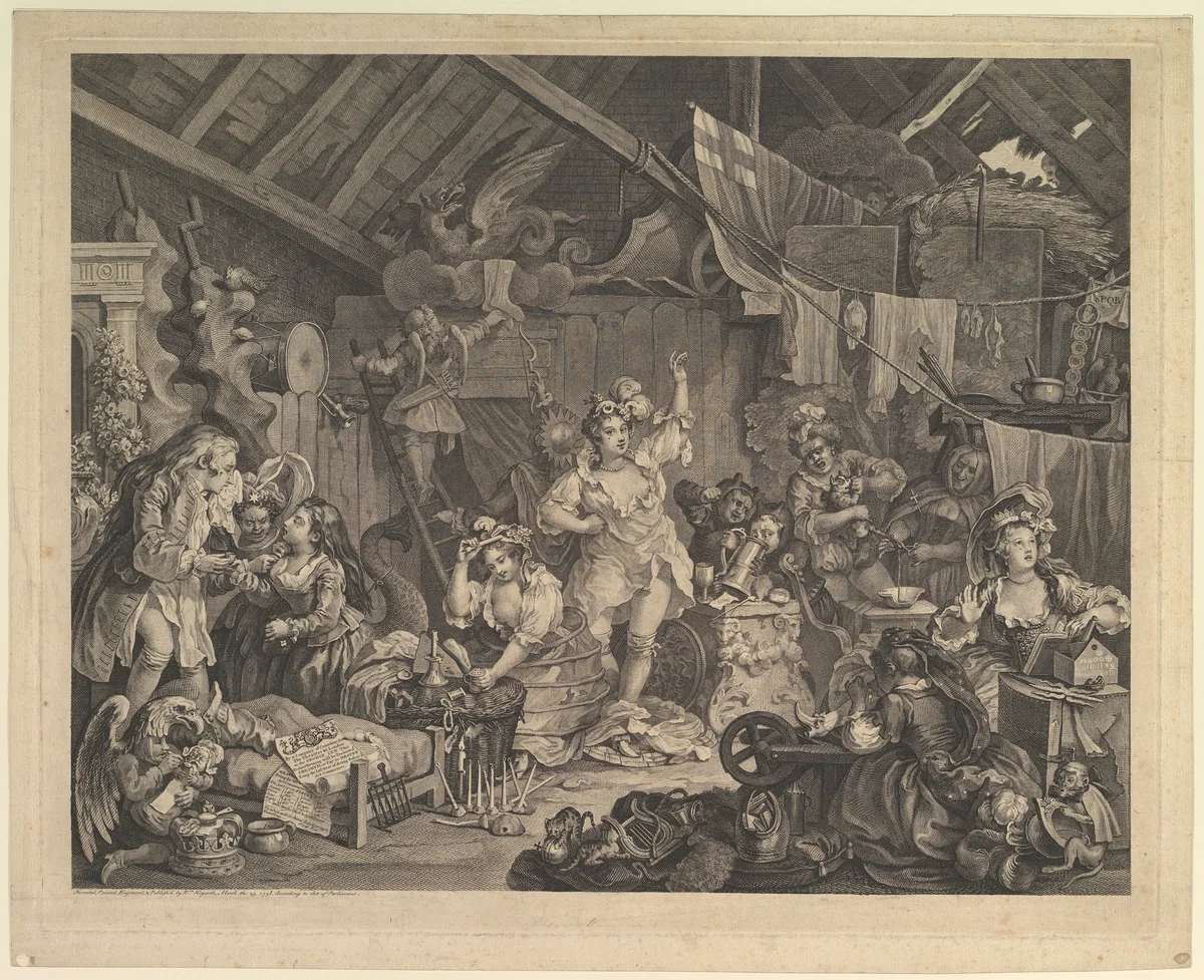 Strolling Actresses Dressing in a Barn by William Hogarth, print, 1738