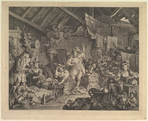 Strolling Actresses Dressing in a Barn by William Hogarth, print, 1738