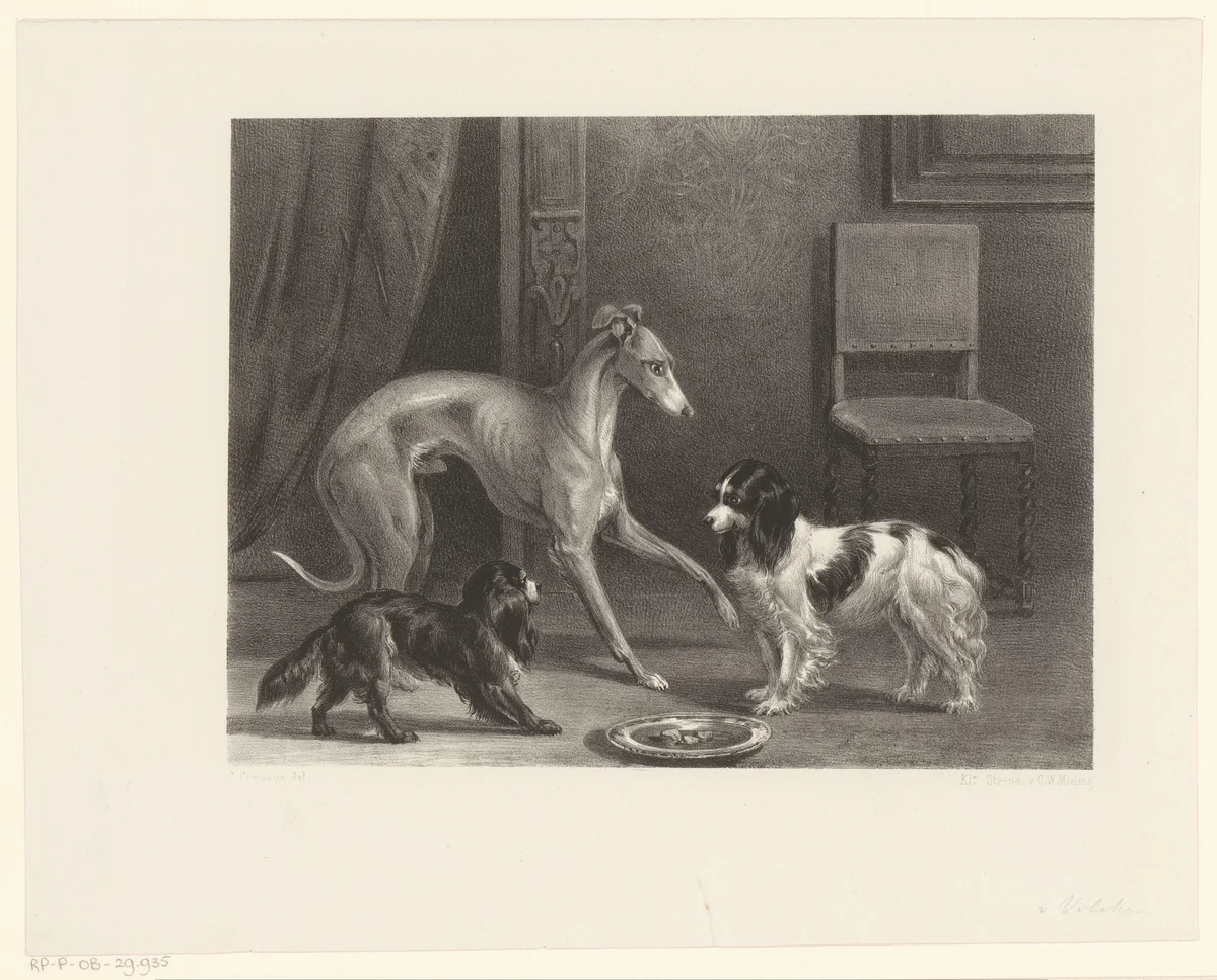 Drie honden by Anthonie van Volkom, print, 1847-1865