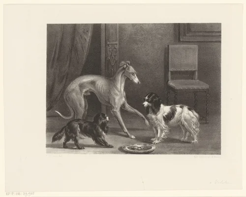 Drie honden by Anthonie van Volkom, print, 1847-1865
