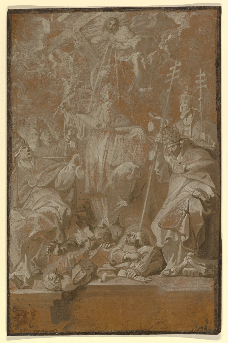 Saint Lambert Trampling his Murderers, Surrounded by the Four Church Fathers by Antoine Sallaert, drawing, 1620-1650