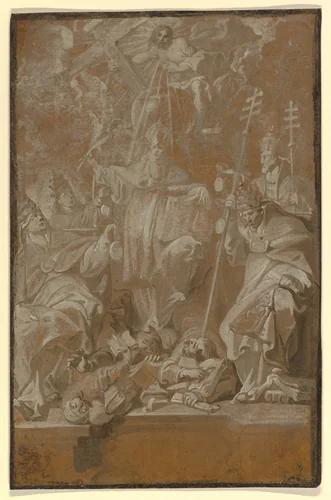 Saint Lambert Trampling his Murderers, Surrounded by the Four Church Fathers by Antoine Sallaert, drawing, 1620-1650
