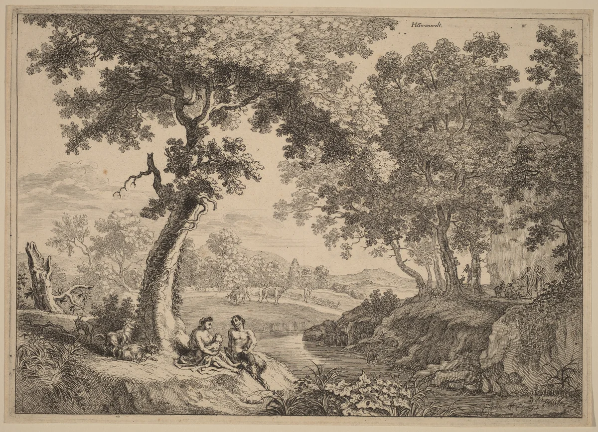 Satyr Family Seated under a Tree by Herman van Swanevelt, print, 1600-1699