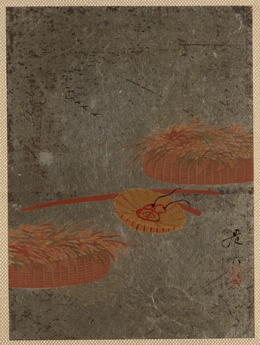 Flower Baskets and Farmer's Hat by Shibata Zeshin (柴田是真), painting, 1880-1889