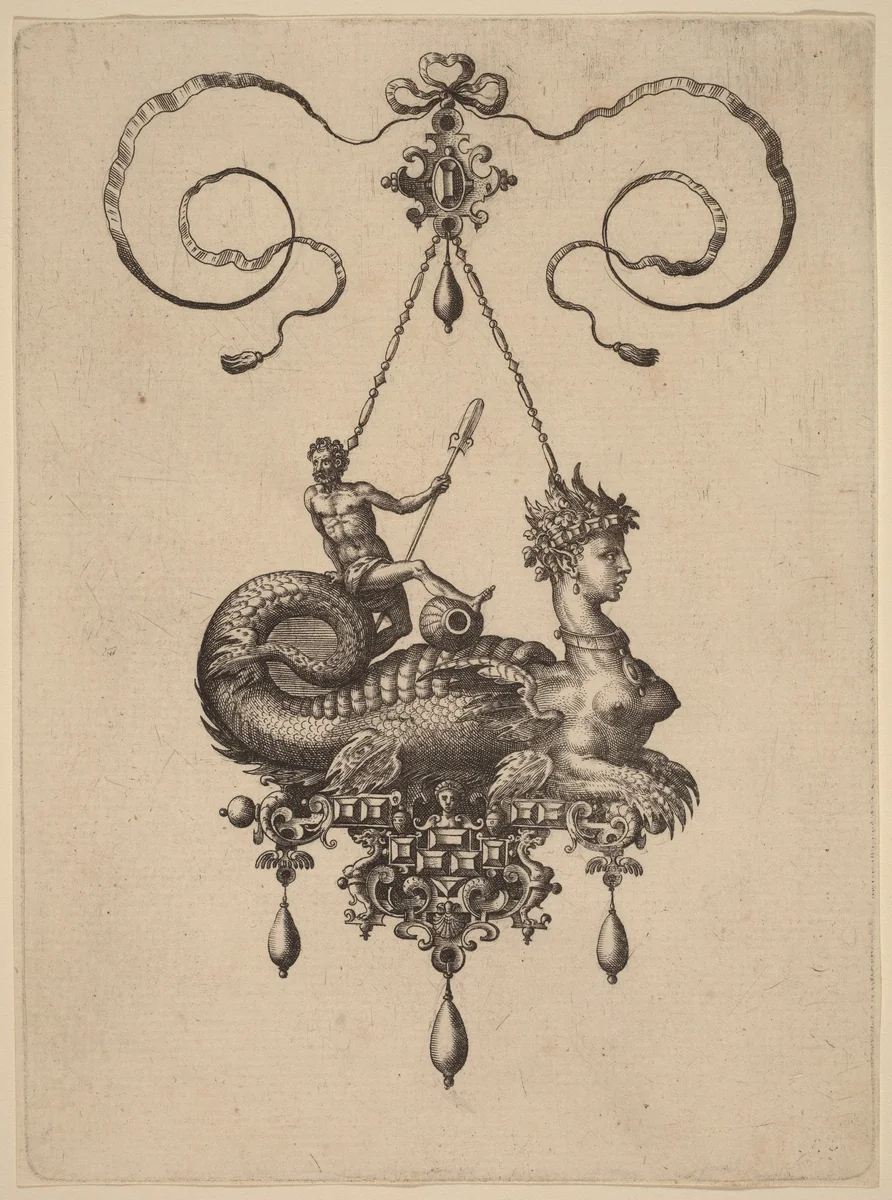 Design for a Pendant with a Sphinx with the Body of a Fish Carrying a Man with an Oar by Adriaen Collaert, print, 1582