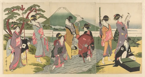 Young man and his party crossing a stream before Mt. Fuji by Kitagawa Utamaro (喜多川歌麿), print, 1793-1805