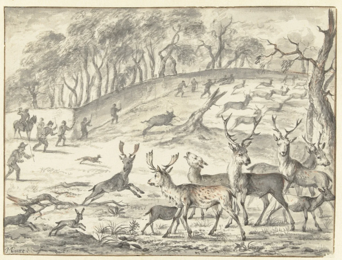 Drijfjacht op herten by Michiel Carree, drawing, 1667-1727