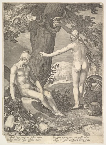 Eve Giving Adam the Forbidden Fruit, plate 3 from "The Story of Adam and Eve" by Jan Saenredam, print, 1575-1607