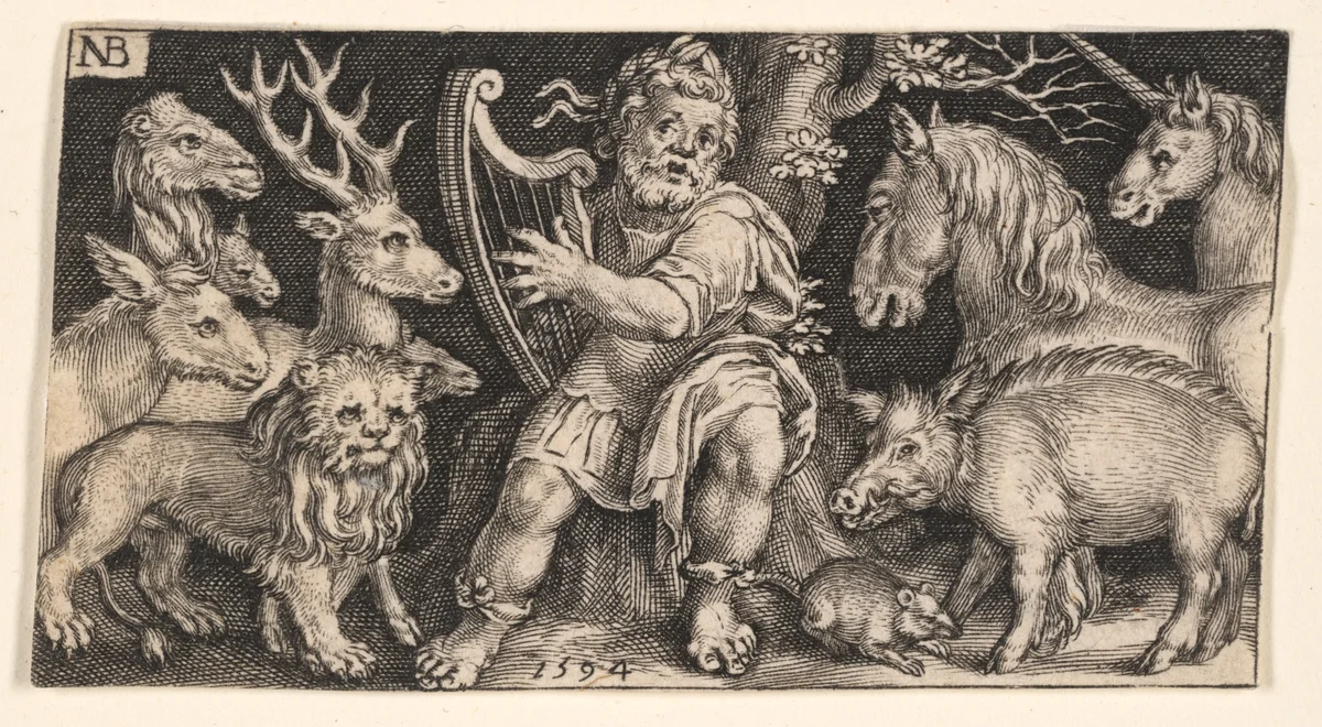 Orpheus from Fighting Chimeras and Scenes from Aesop's Fables by Nicolaes de Bruyn, print, 1594